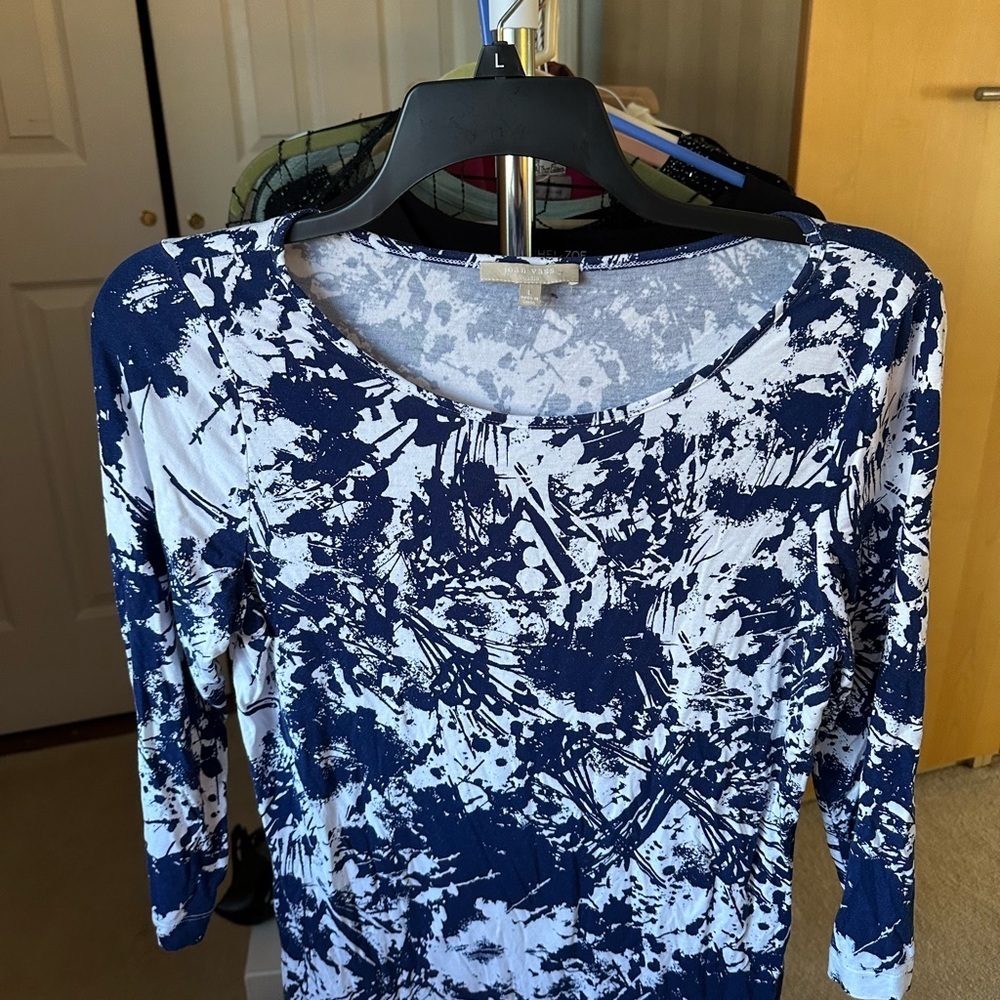Joan Vass Navy and White Abstract Long Sleeve Top